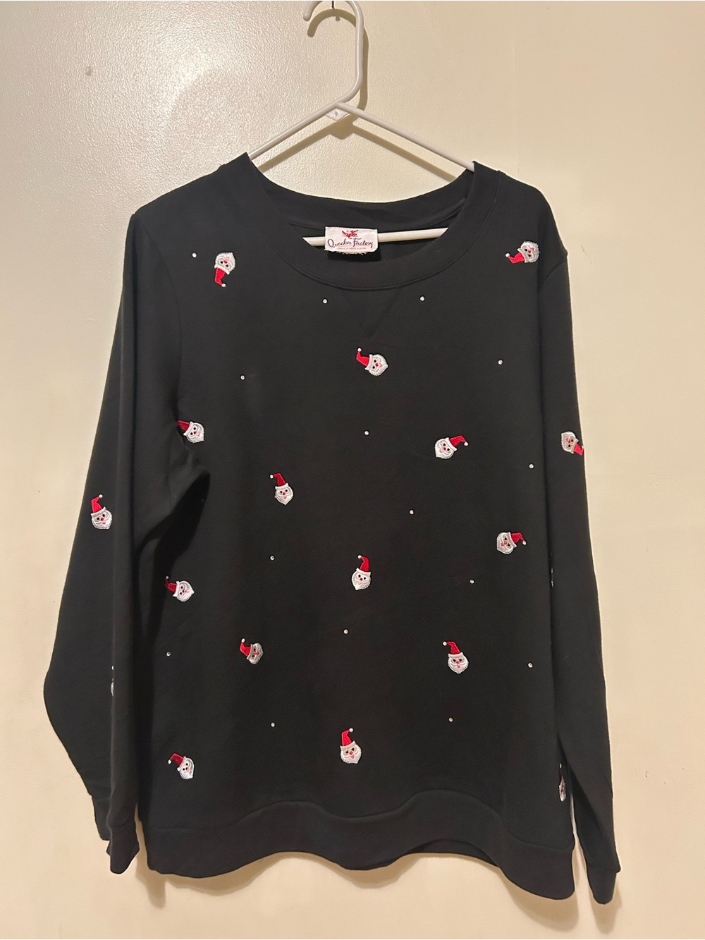 Quacker Factory Xmas Black Sweatshirt w/Ditsy Scattered Santa & Rhinestone Sz XL